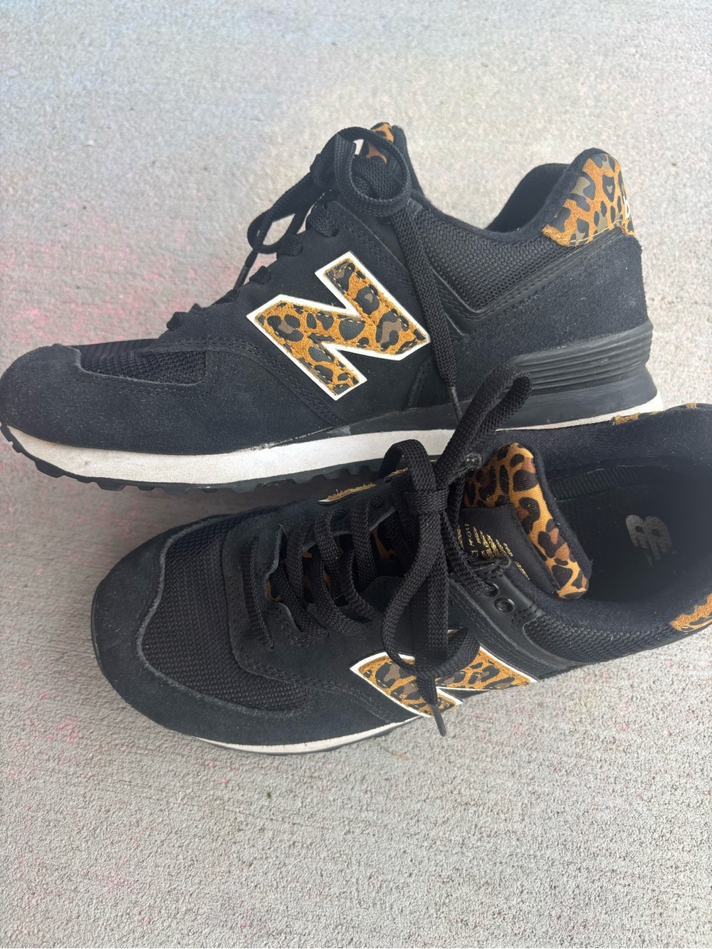 New Balance 574 Women’s Black Sneakers with Leopard Print Accents (7.5)